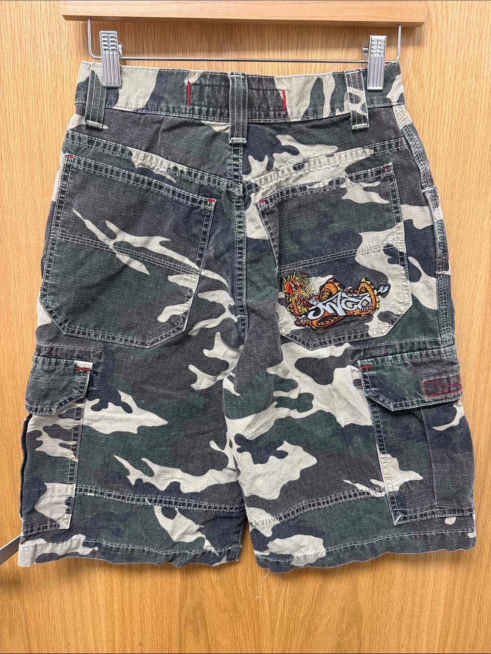 JNCO Vintage 90s Camo Cargo Shorts with Dragon Patch - Green, Black, White